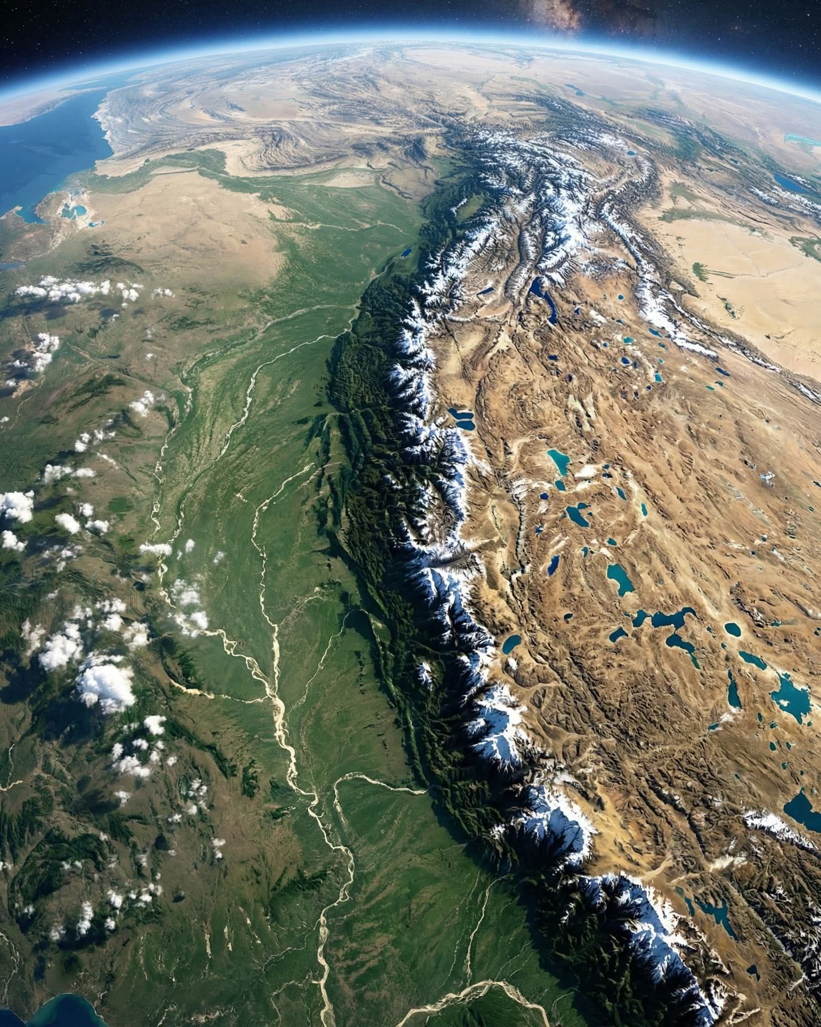 Satellite view of the Himalayas and the Indo-Gangetic plain. The snow-capped mountain range divides the lush green plains of northern India from the arid Tibetan plateau.